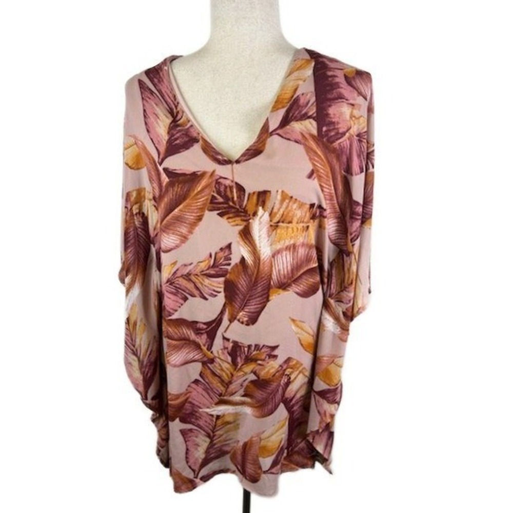 New Romantic Adrienne Tunic Blouse Women's Size Small Pink Brown Floral Batwing